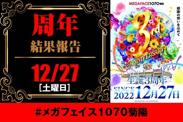 12/27(土)3周年を迎えた『メガフェイス1070菊陽』に約3838人のスロッター&パチンカーが大集結‼️遊びに来たユーザーの満足度100%!?